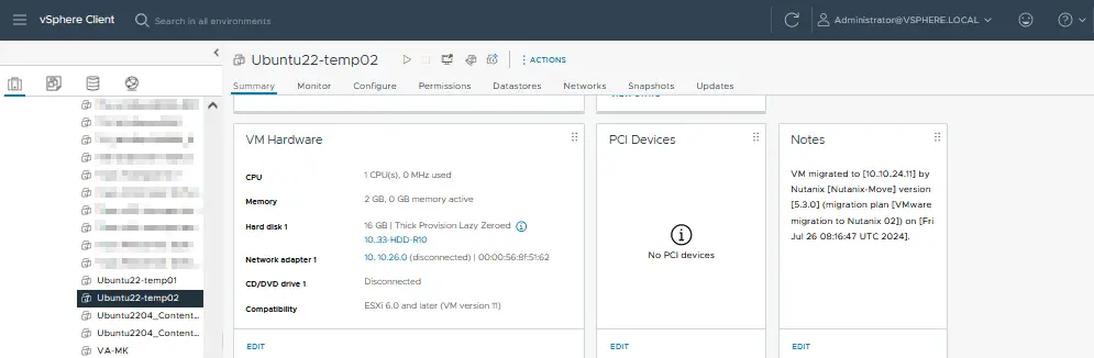La máquina virtual de origen se apaga en VMware vSphere y se añade la nota