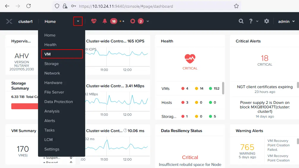 La página de máquinas virtuales en la interfaz web de Nutanix Prism