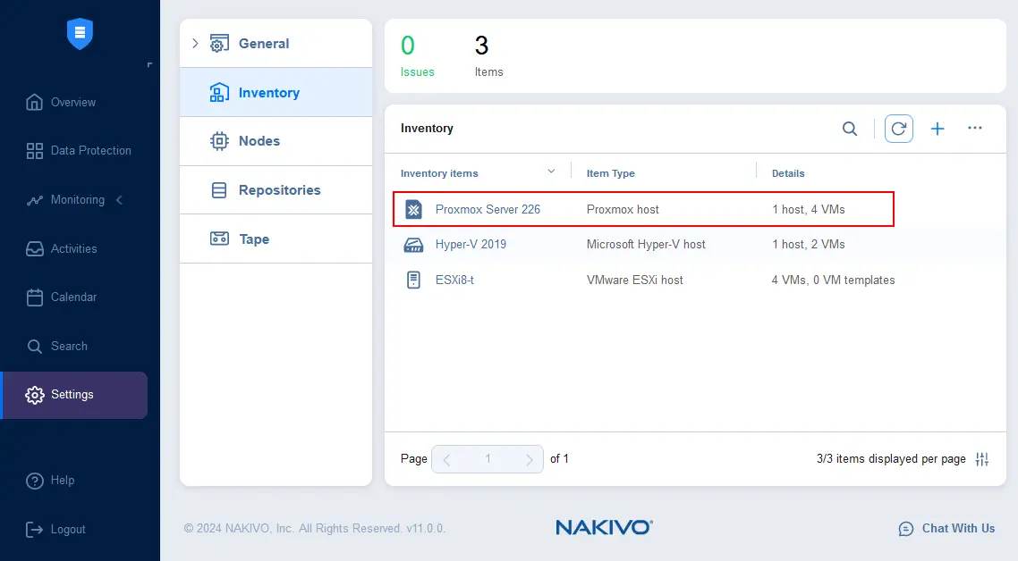 A Proxmox host is added to the inventory