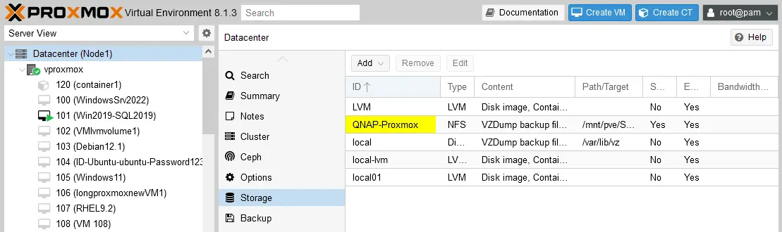 A QNAP Proxmox NFS share added as backup storage