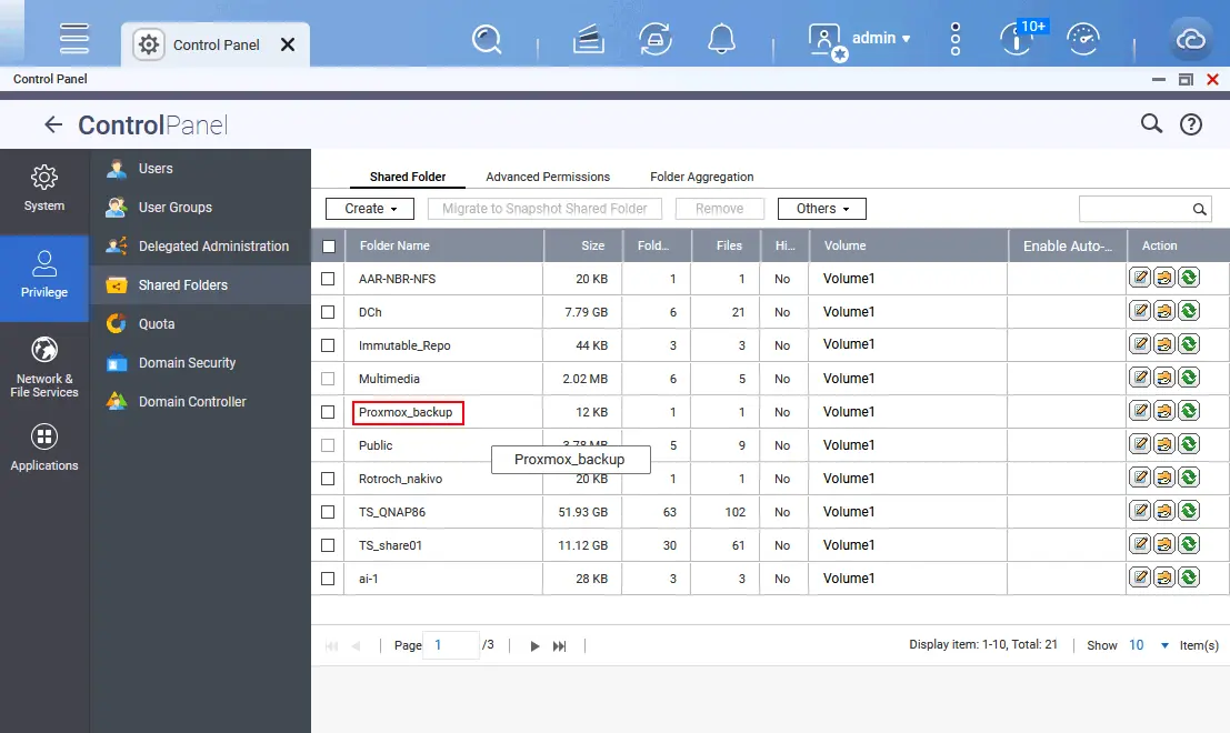 A shared folder has been created on QNAP NAS