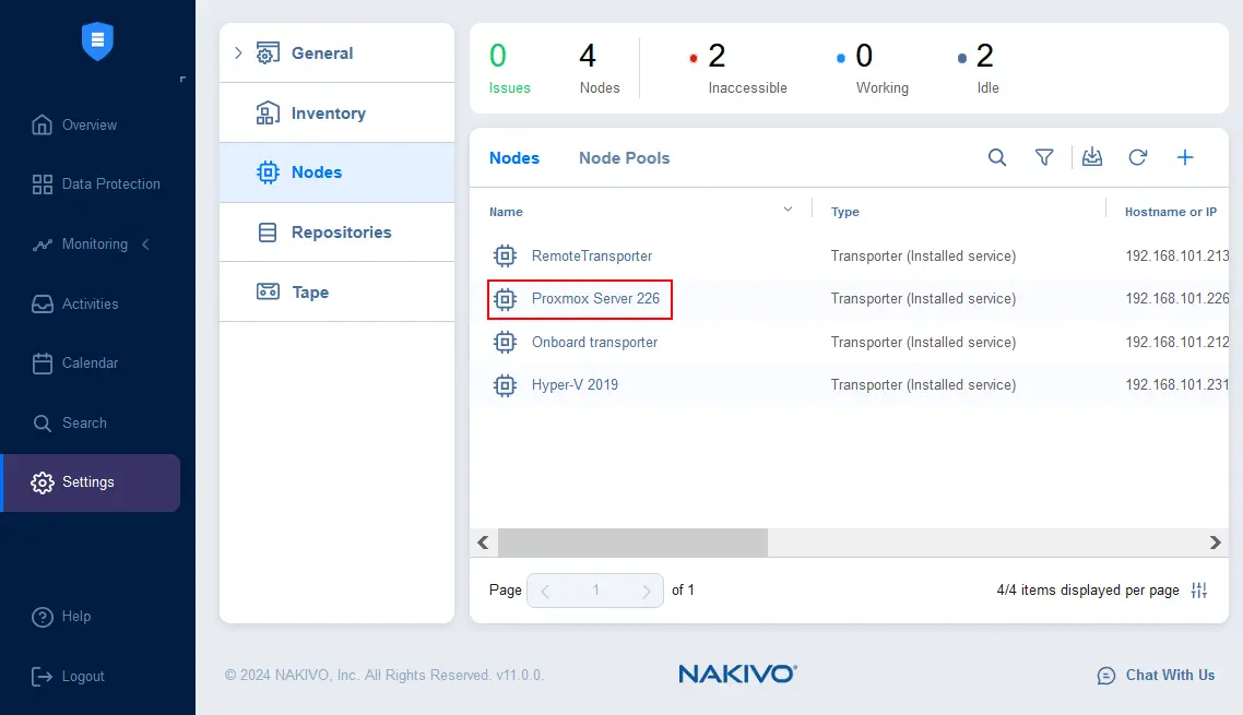 A Transporter is deployed on a Proxmox host