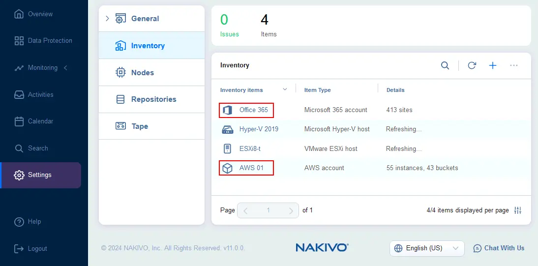 AWS and Microsoft 365 accounts are added to the inventory