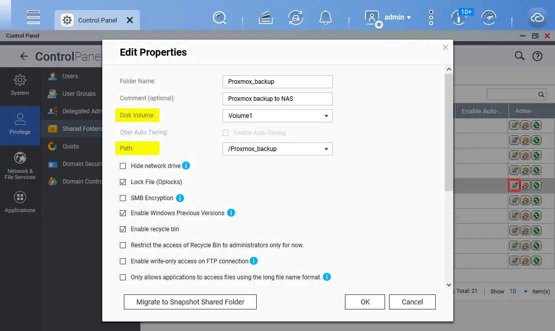 Checking the path of the shared folder on QNAP NAS