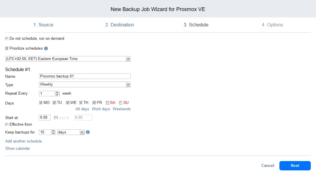 Configuring a Proxmox backup schedule in the NAKIVO solution