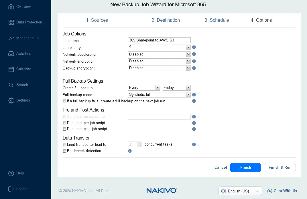 Configuring options for a SharePoint Online backup job to AWS S3