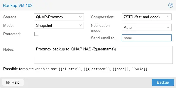 Configuring Proxmox backup options in the native backup tool