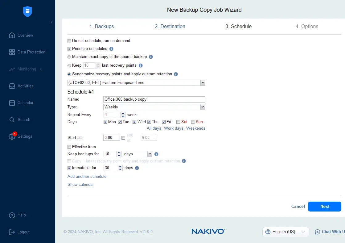 Configuring scheduling and retention