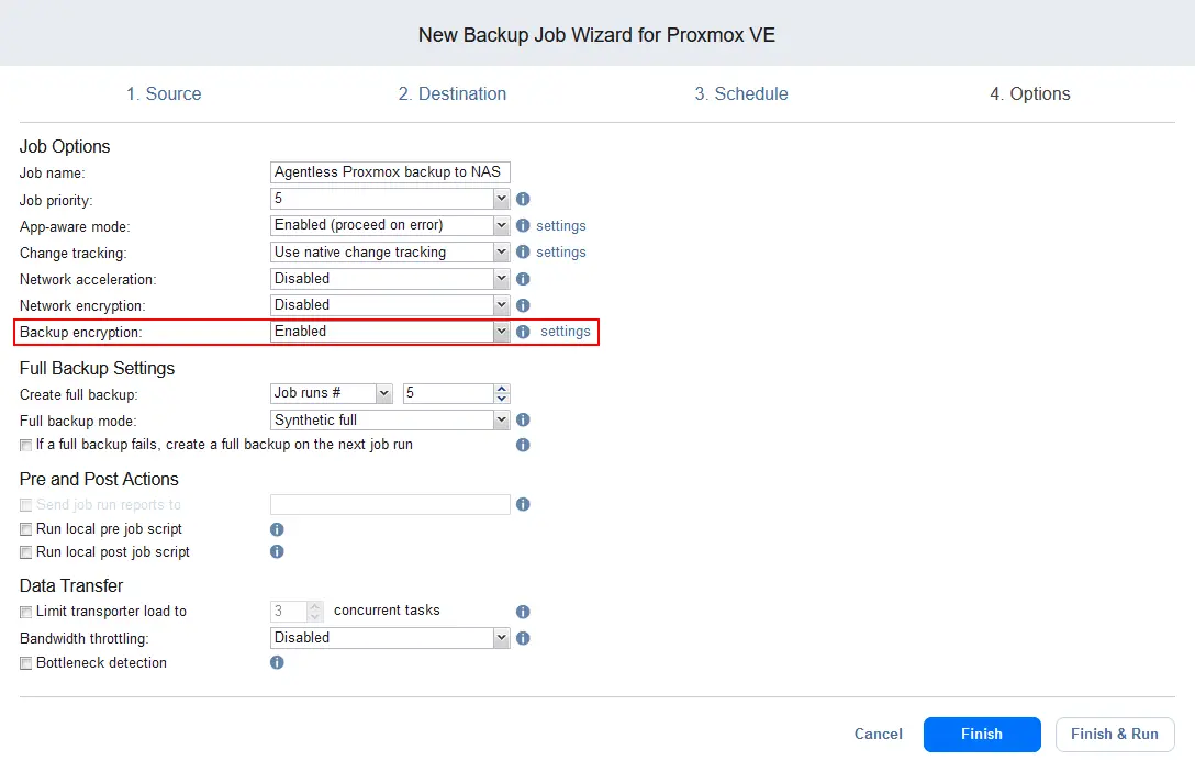 Configuring the Proxmox backup job options