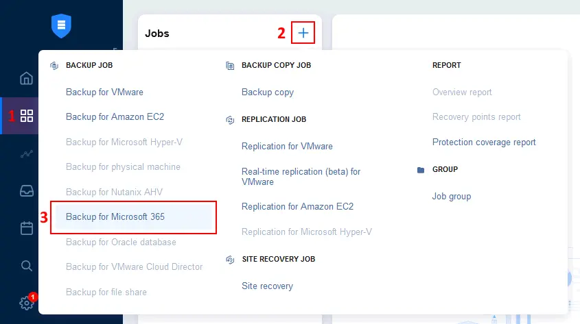 Creating a new Microsoft 365 backup job