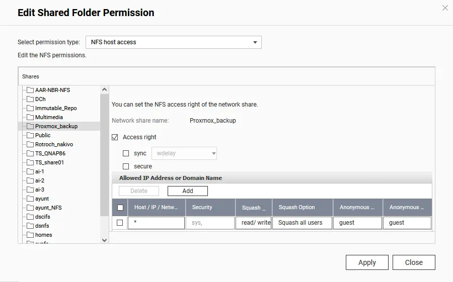 Editing shared folder permissions for NFS access