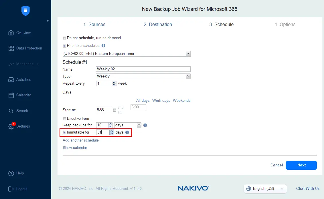 Enabling Microsoft 365 backup immutability