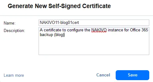 Entering a name and description for a self-signed certificate