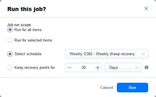 Job scope and schedule configuration to run a backup job