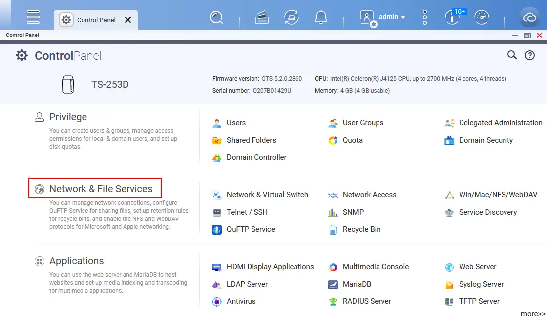 Opening the network and file services settings