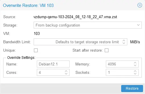 Proxmox VM restore options