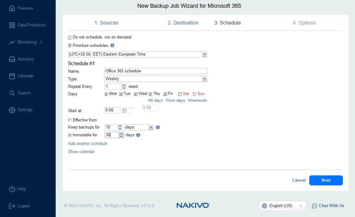 Scheduling and retention settings