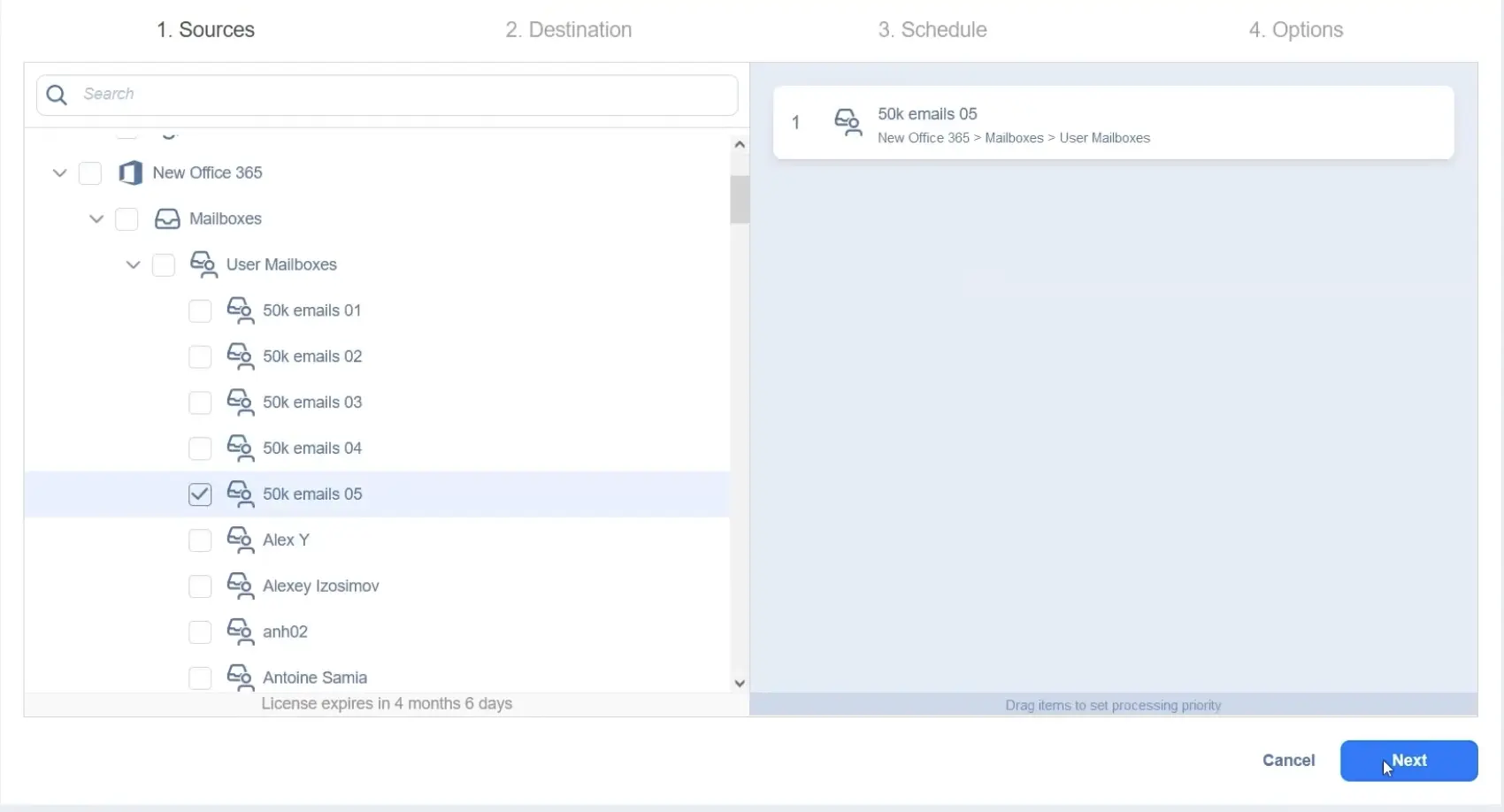 Select mailboxes to back up