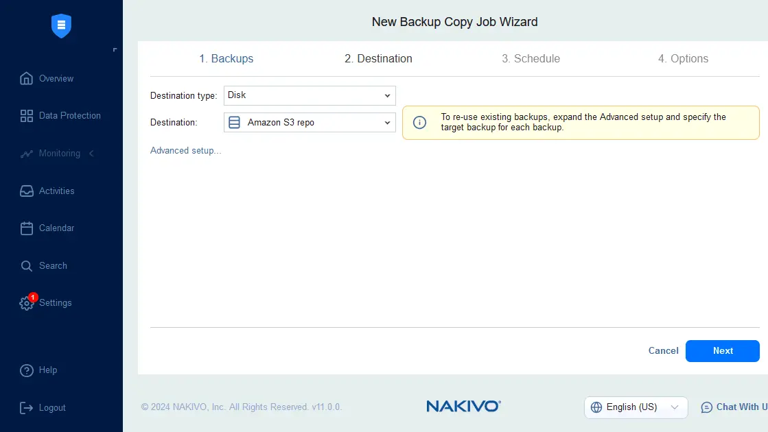 Selecting Amazon S3 as the destination