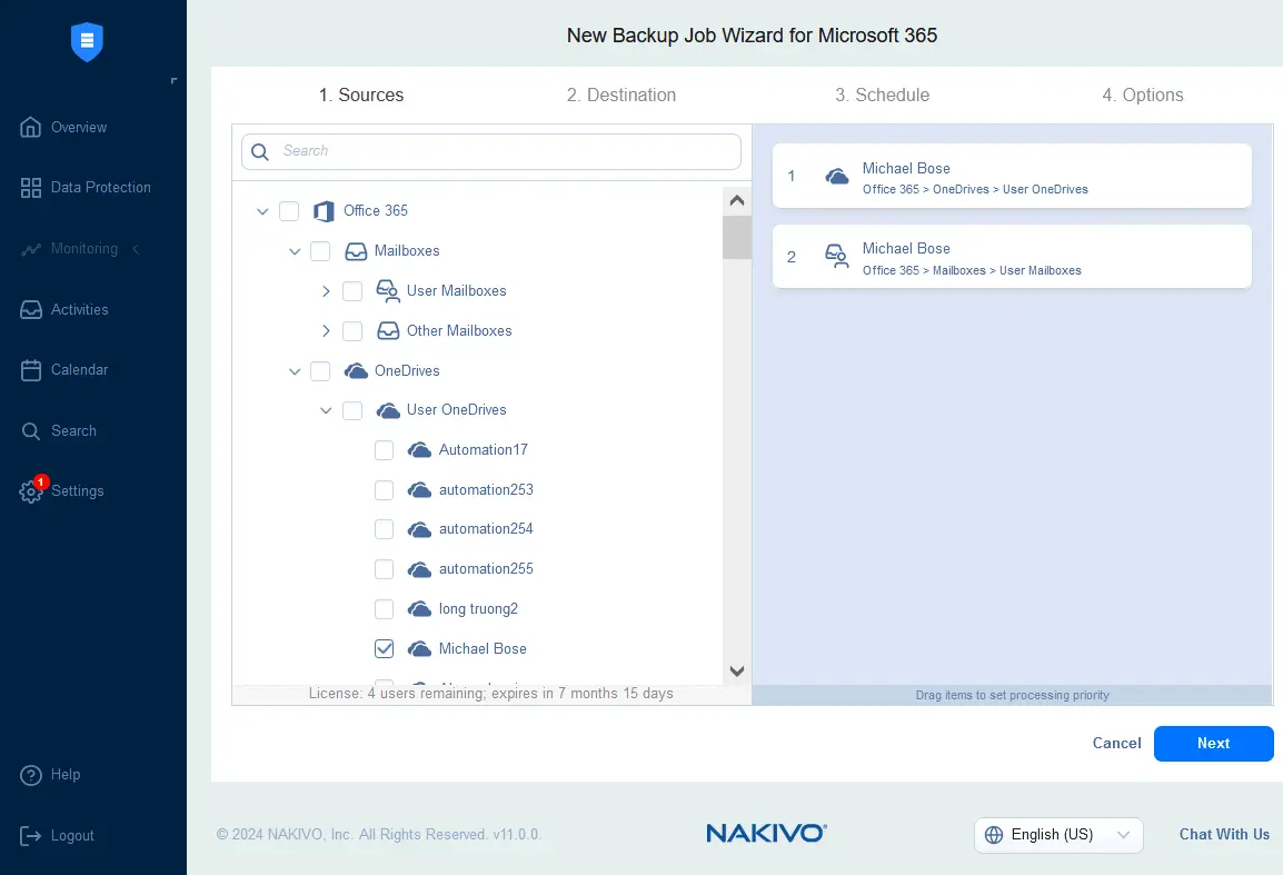 Selecting Microsoft 365 items to back up