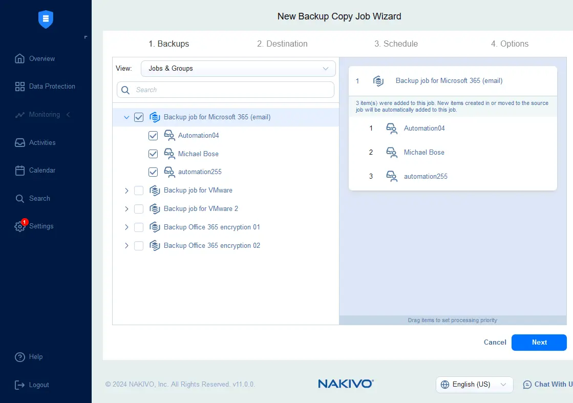 Selecting Microsoft 365 objects from a backup