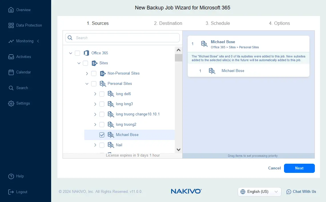 Selecting SharePoint sites to back up