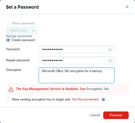 Setting a password for Microsoft 365 backup encryption