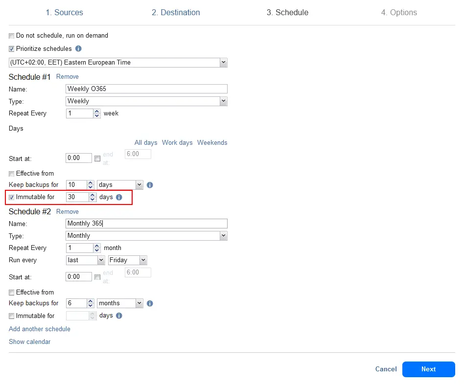 Setting backup immutability
