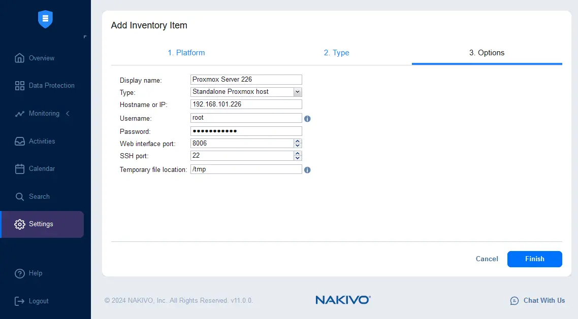 Setting the options to add a Proxmox host to the inventory
