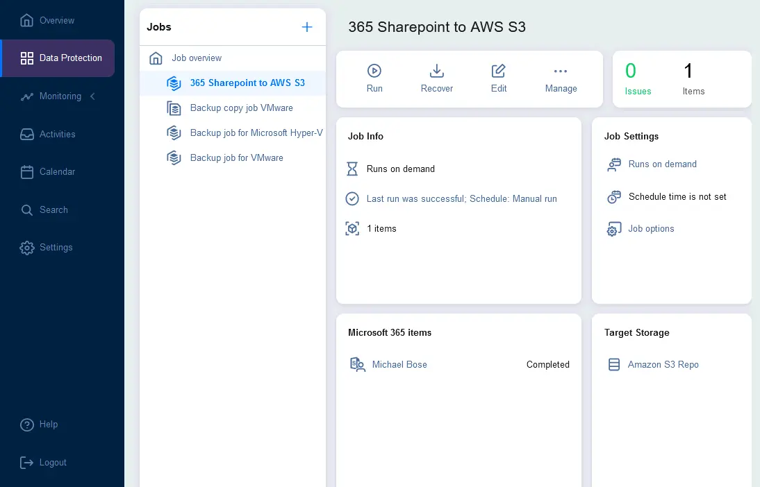 The SharePoint Online backup job was finished