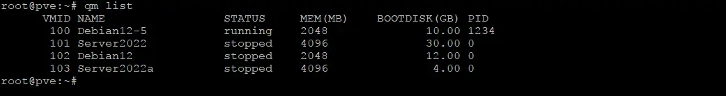 Listing Proxmox virtual machines in the CLI