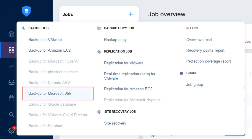 Creating a new Microsoft 365 backup job