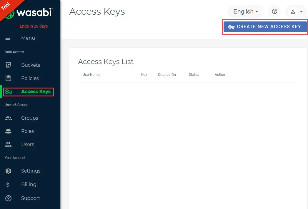 Creating an access key in Wasabi