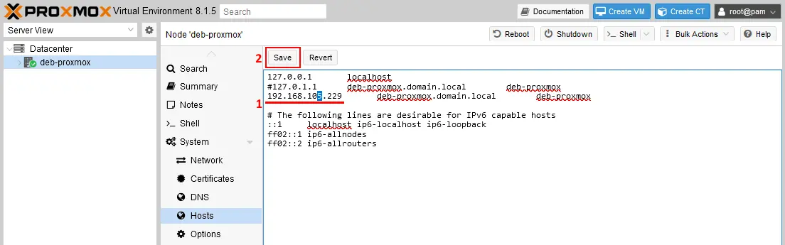 Editing the host file in the Proxmox web interface