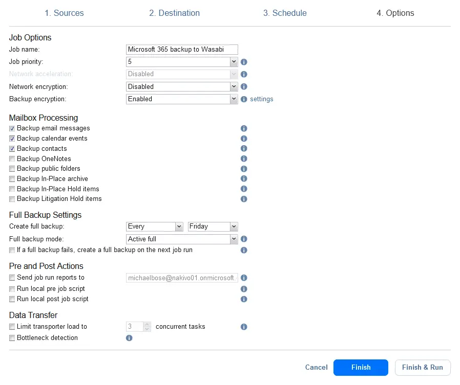 Microsoft 365 backup job options