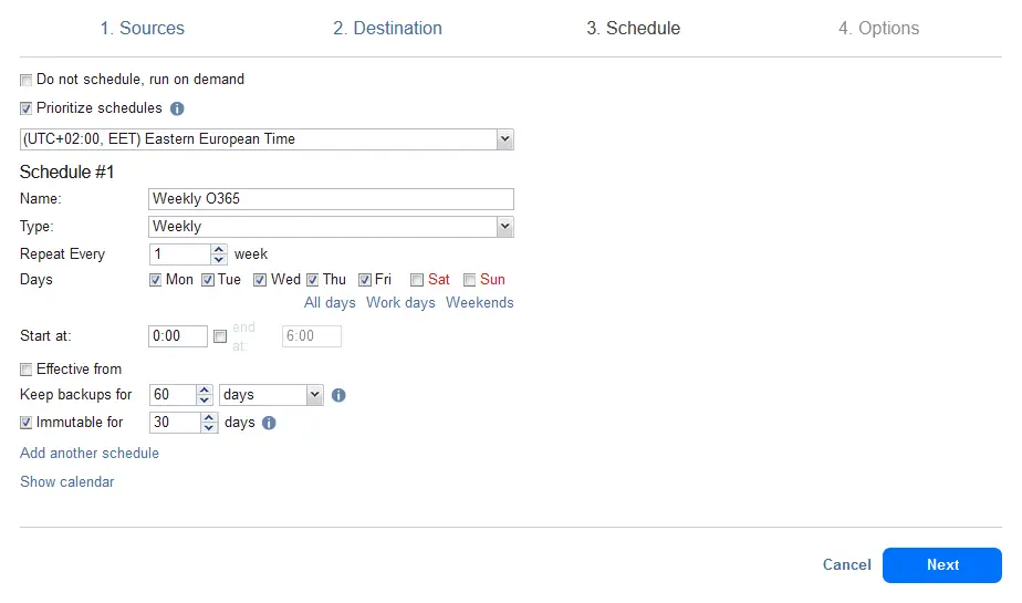 Scheduling and retention settings