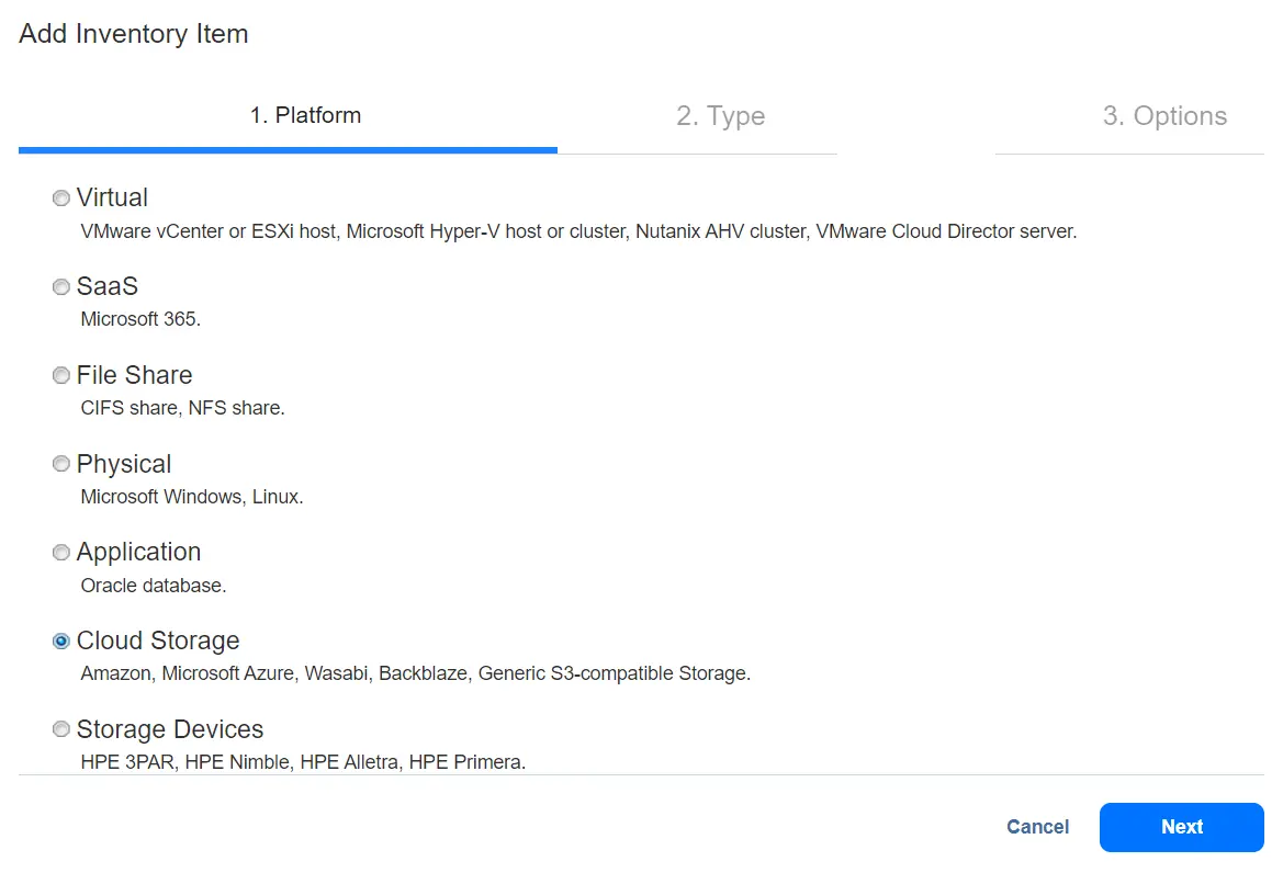 Selecting Cloud storage to add Wasabi to the inventory