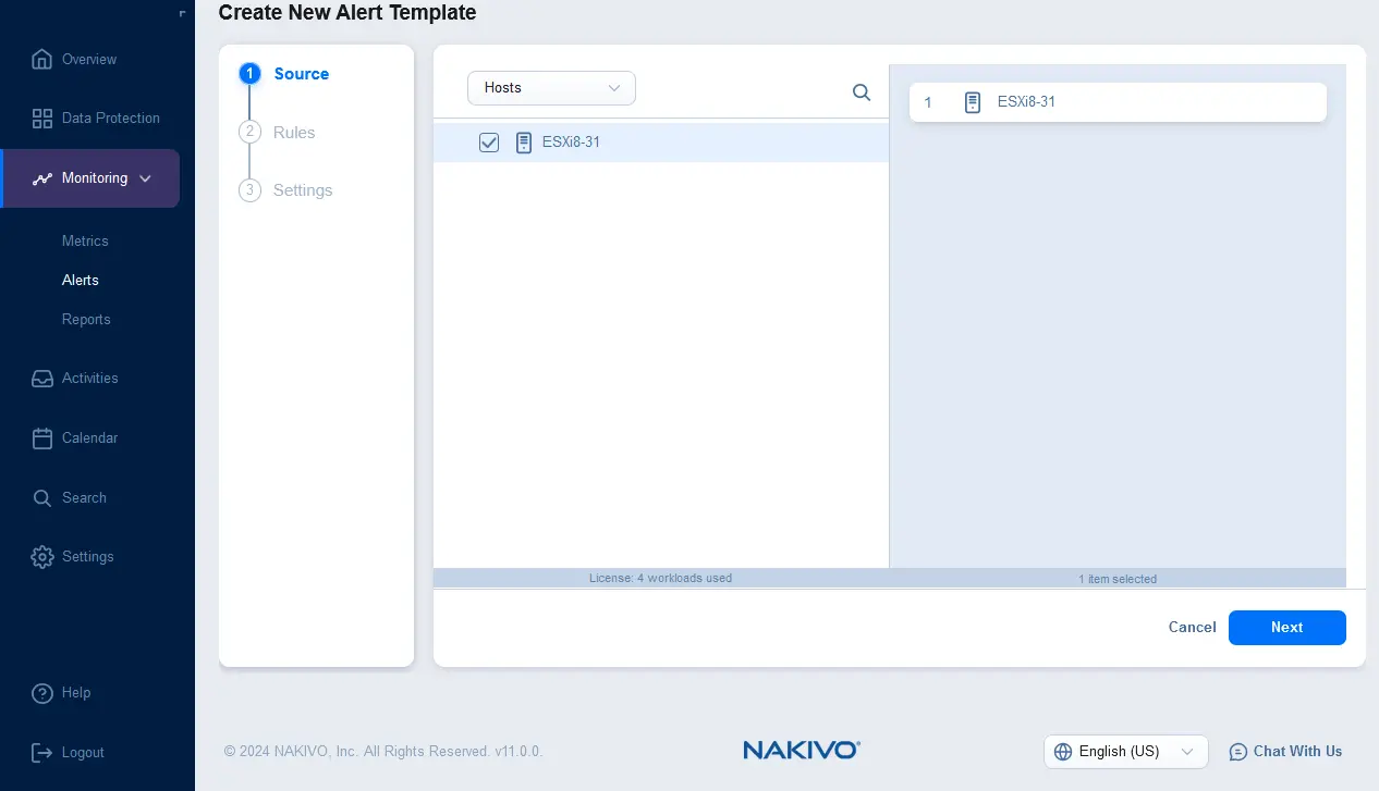 Selecting ESXi hosts to monitor
