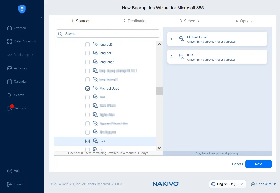 Selecting source Microsoft 365 objects to back up