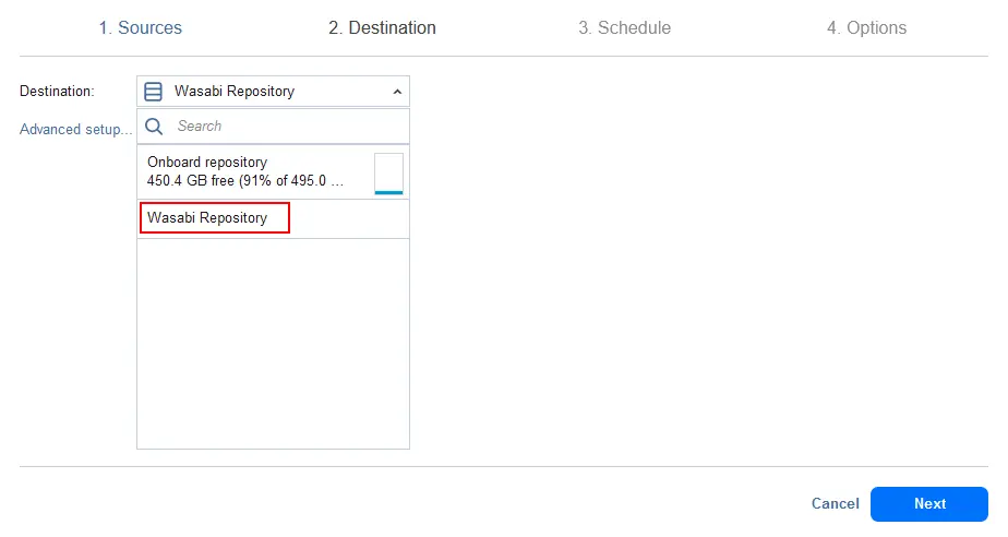Selecting Wasabi cloud storage as a backup repository