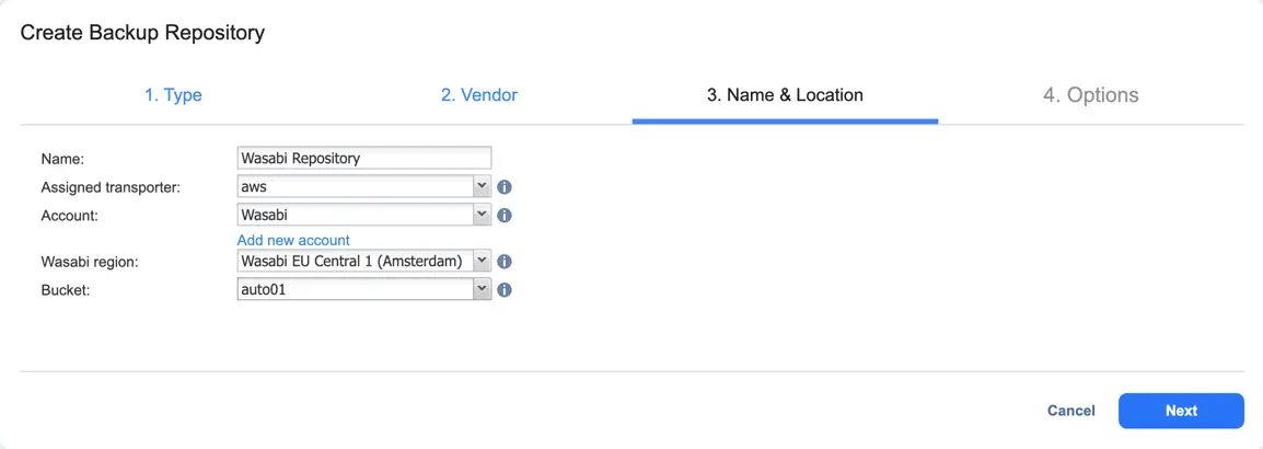 Specifying name, location and other options