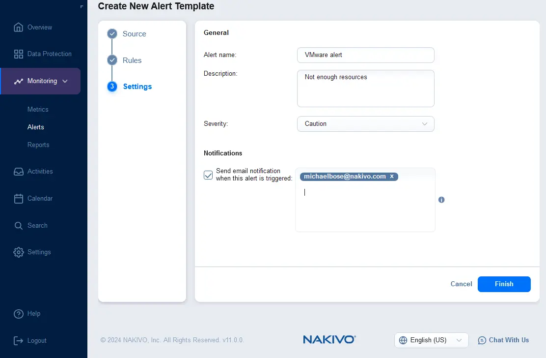 Specifying the alert template settings