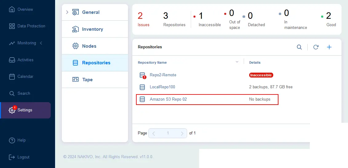 A backup repository is created in Amazon S3