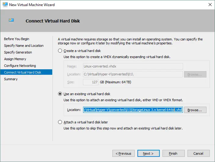 Attaching a converted virtual disk to a Hyper-V VM