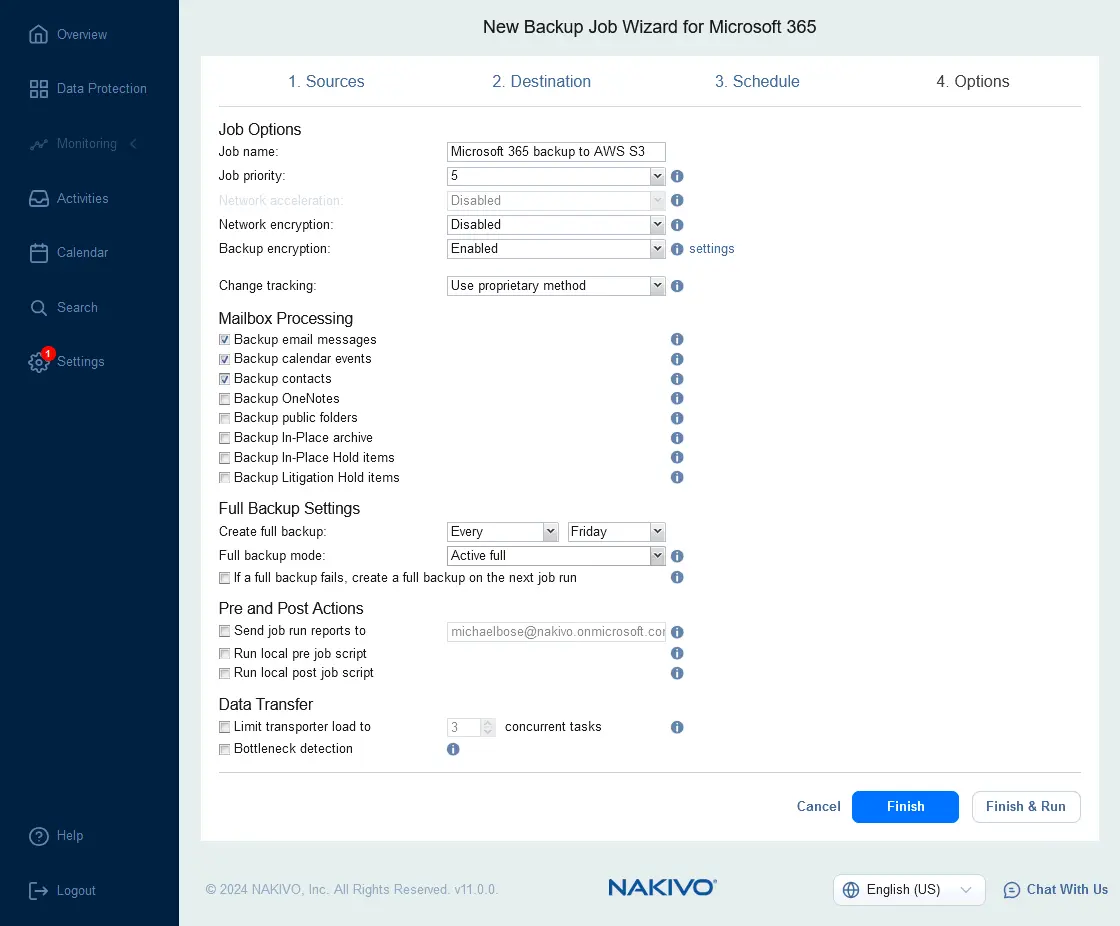 Configuring Microsoft 365 AWS backup job options