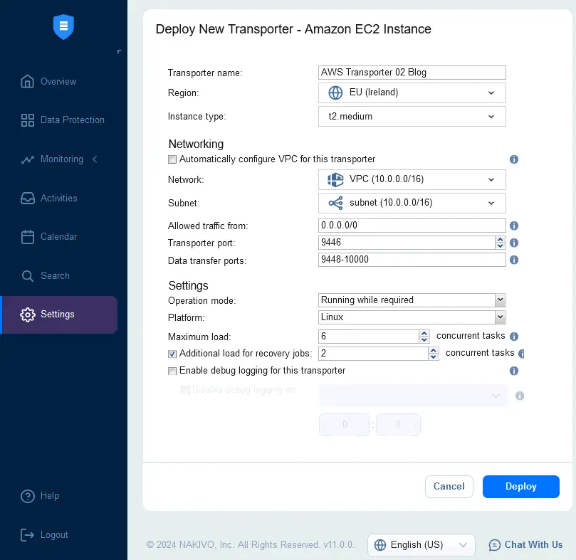 Configuring the options to deploy an AWS Transporter