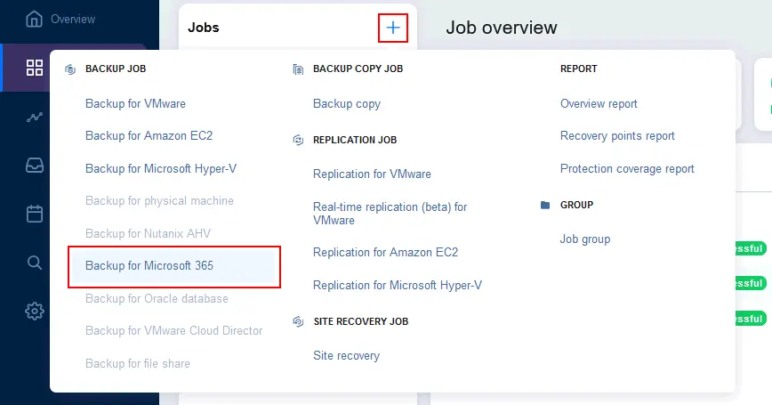 Creating a new Microsoft 365 backup job