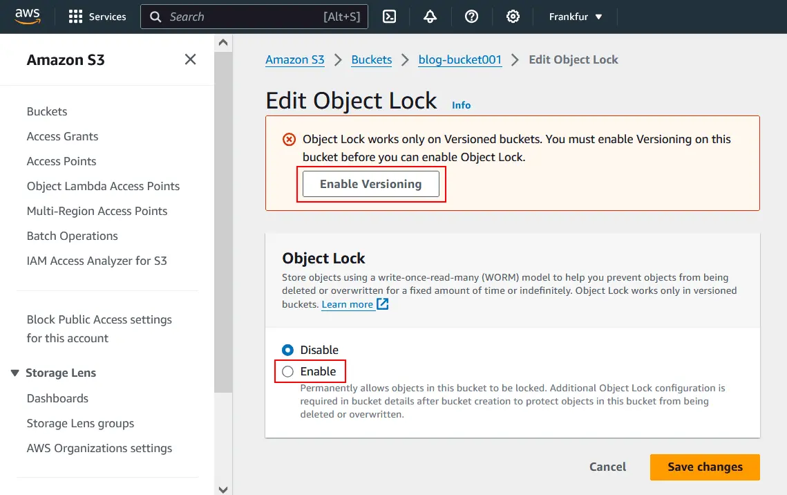 Enabling versioning and object lock