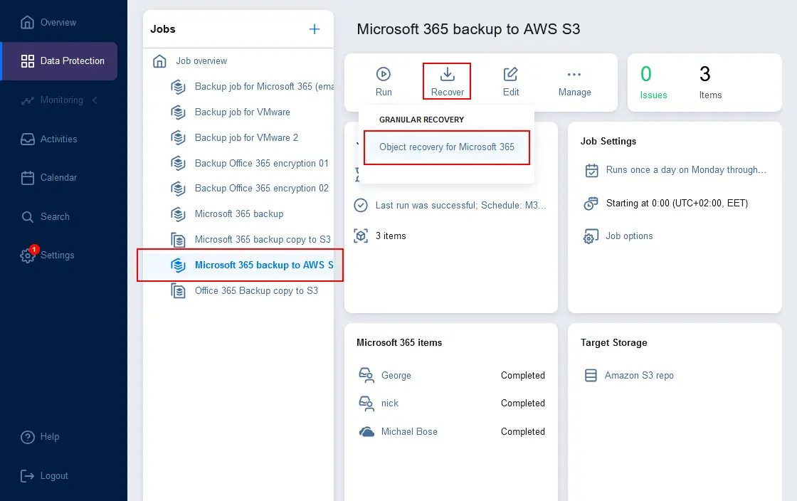Recover data from a Microsoft 365 AWS backup