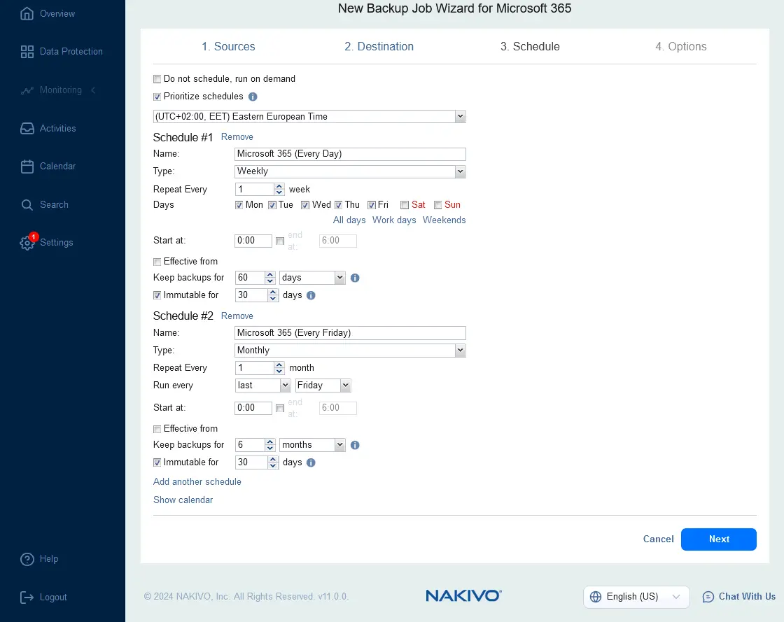 Scheduling and retention settings